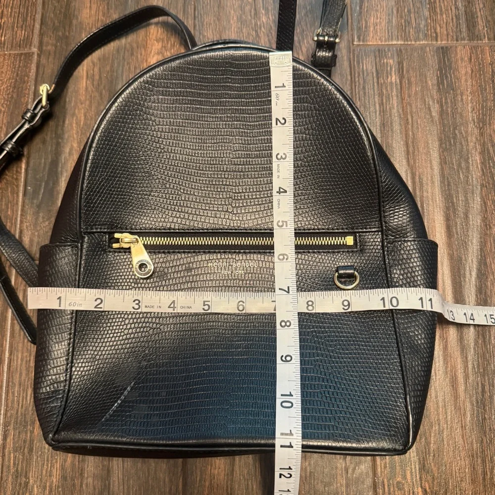 Henri Bendel Black Reptile Embossed Leather Backpack Structured Bag quiet luxury